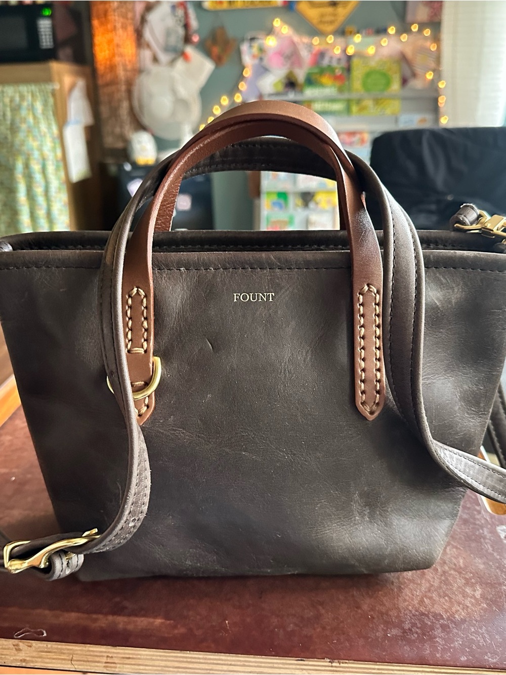 Fount Bellfield Crossbody.        Dark Brown Leather Satchel with Tan Handles